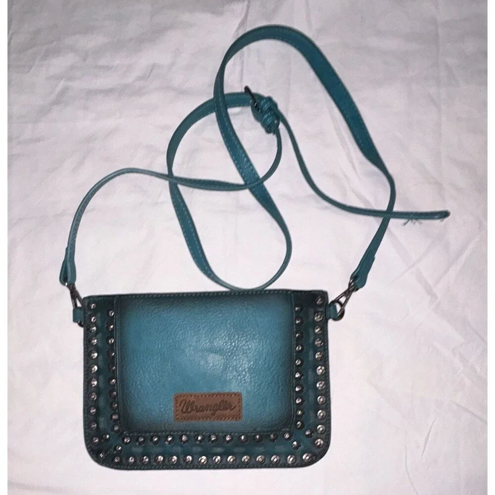 Wrangler Blue Studded Zip Crossbody Bag w/ Detachable Strap, Lined Pockets